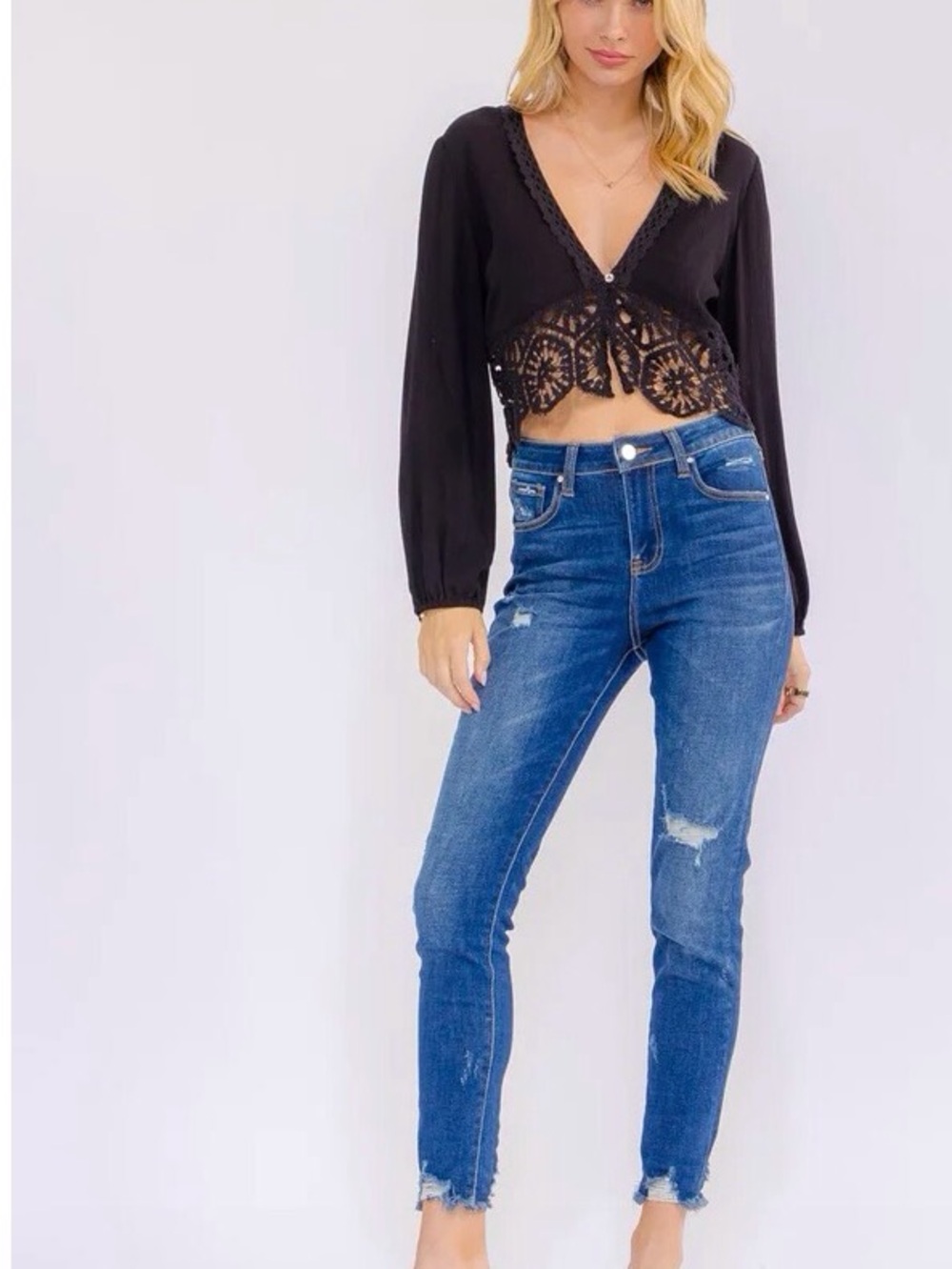 0304. Black Lace Cropped V-Neck Women's Top - Picture 2 of 3